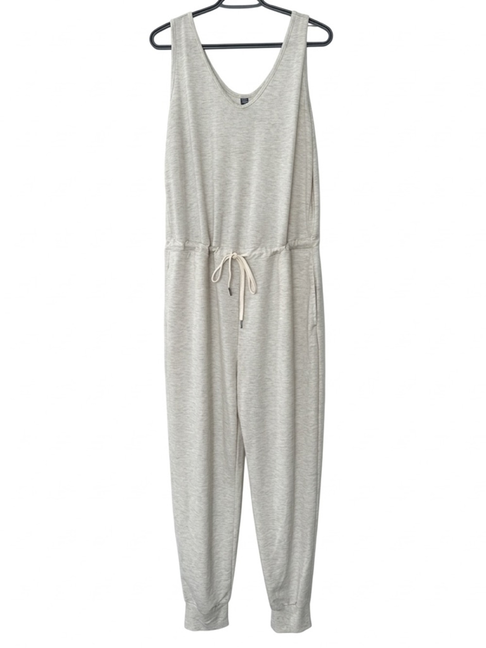EUC Cream Heathered Sleeveless Drawstring Jumpsuit Lounge Full Length Sz Large - Picture 1 of 8